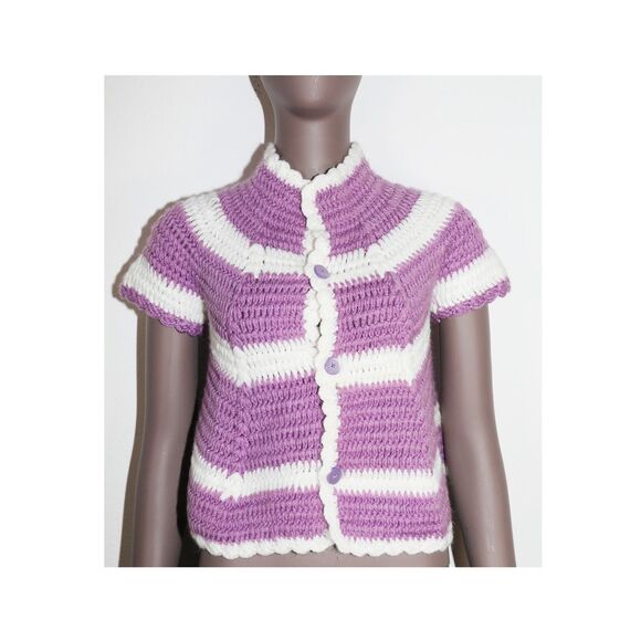 Knit Striped Purple White Button Down Collared Short Sleeve Crop Top - Picture 1 of 3
